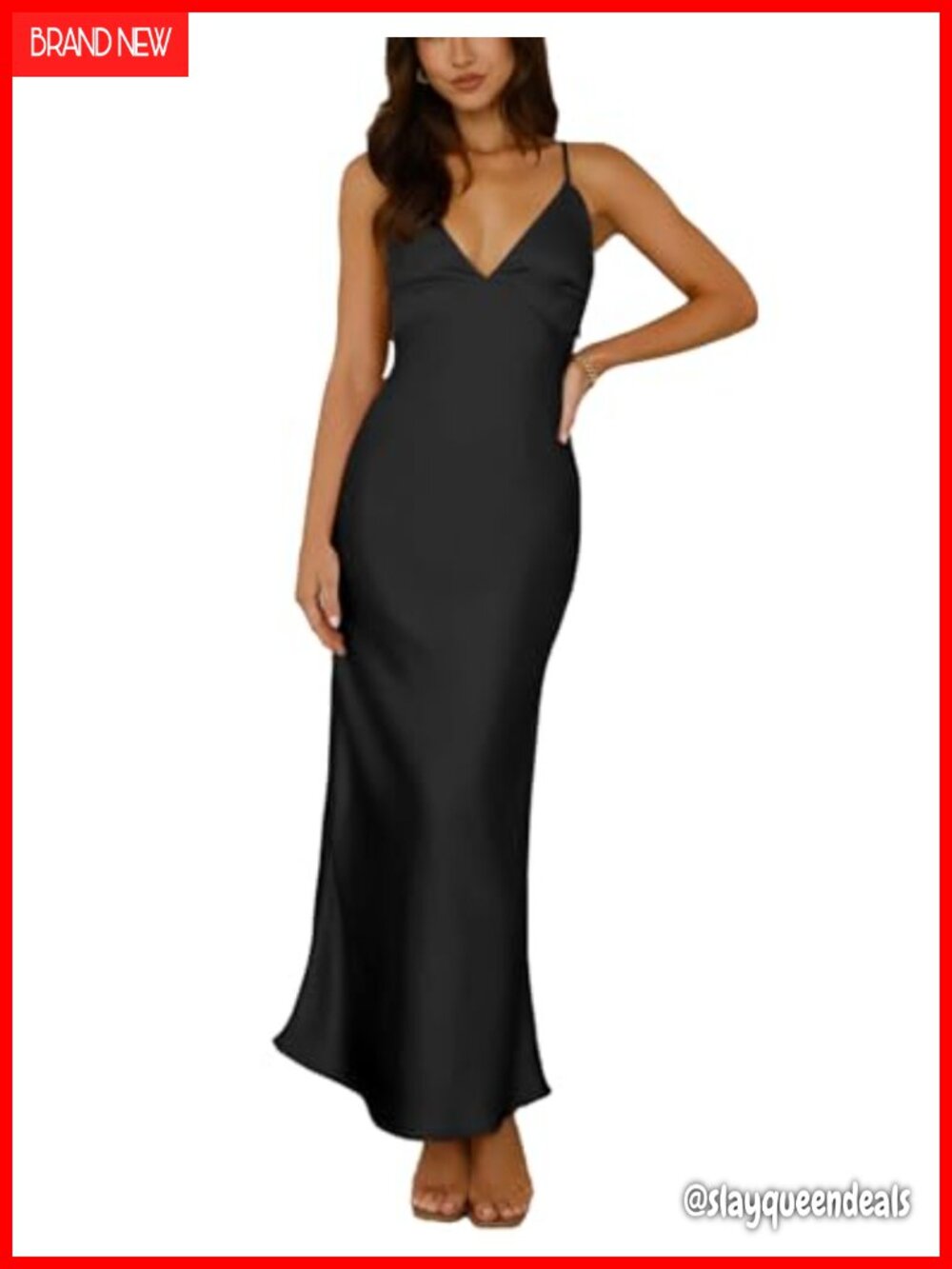 Satin Spaghetti Strap V Neck Backless Midi Dress Elegant Tie Back Wedding Guest
